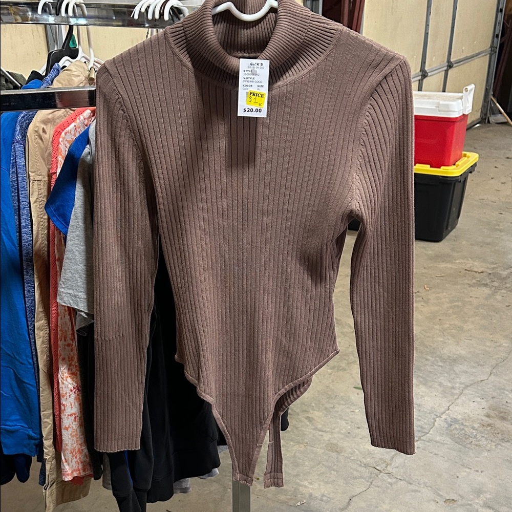 Love Tree Ribbed Long Sleeve Mock Neck Bodysuit in Brown
